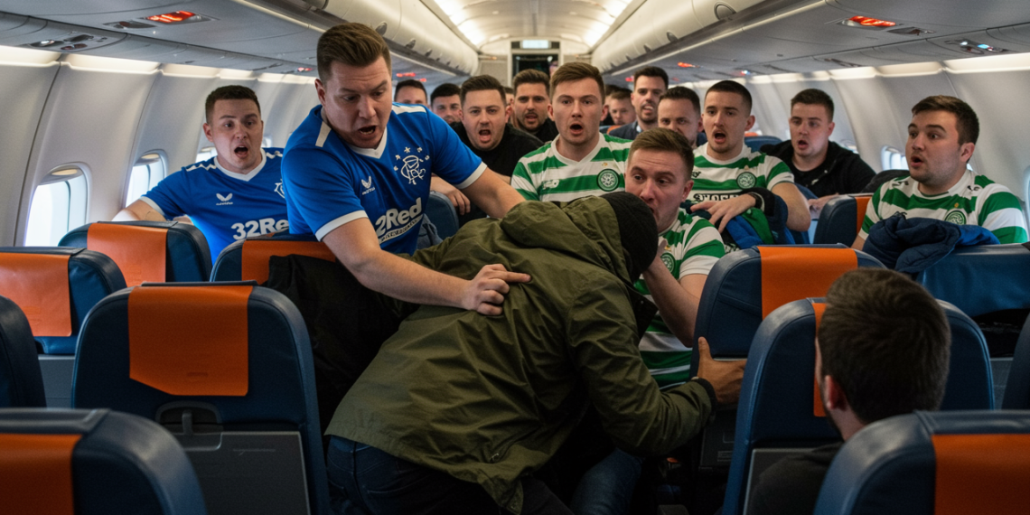 Rangers and Celtic fans wrestle a suicide bomber to the ground.