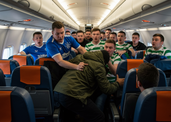 Rangers and Celtic fans wrestle a suicide bomber to the ground.